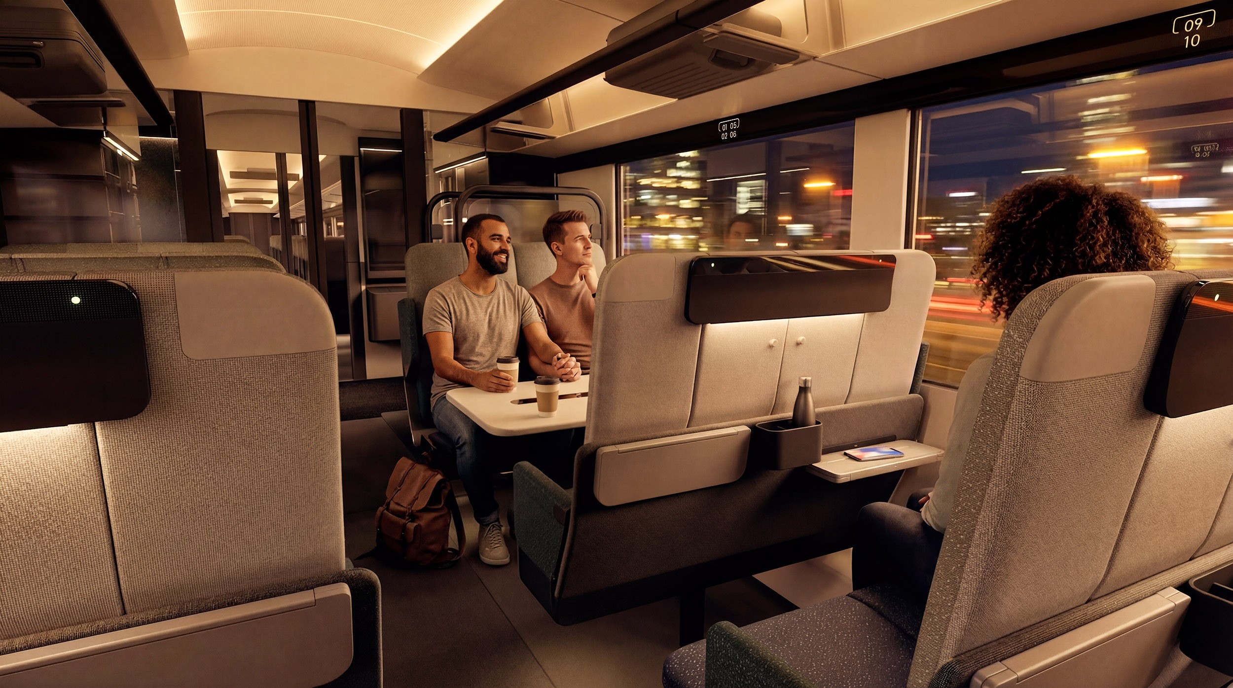 3D render showing design concept for main cabin from the rear of HS2 train