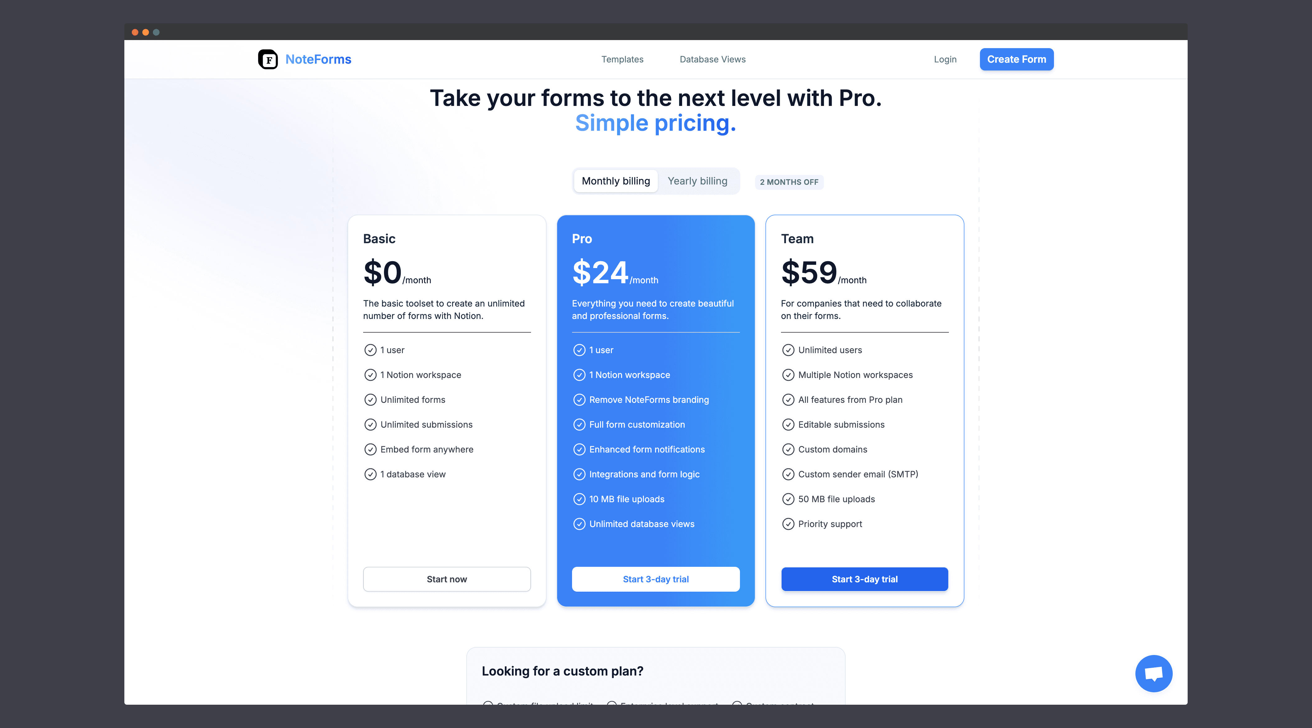 A screenshot of NoteForms pricing page