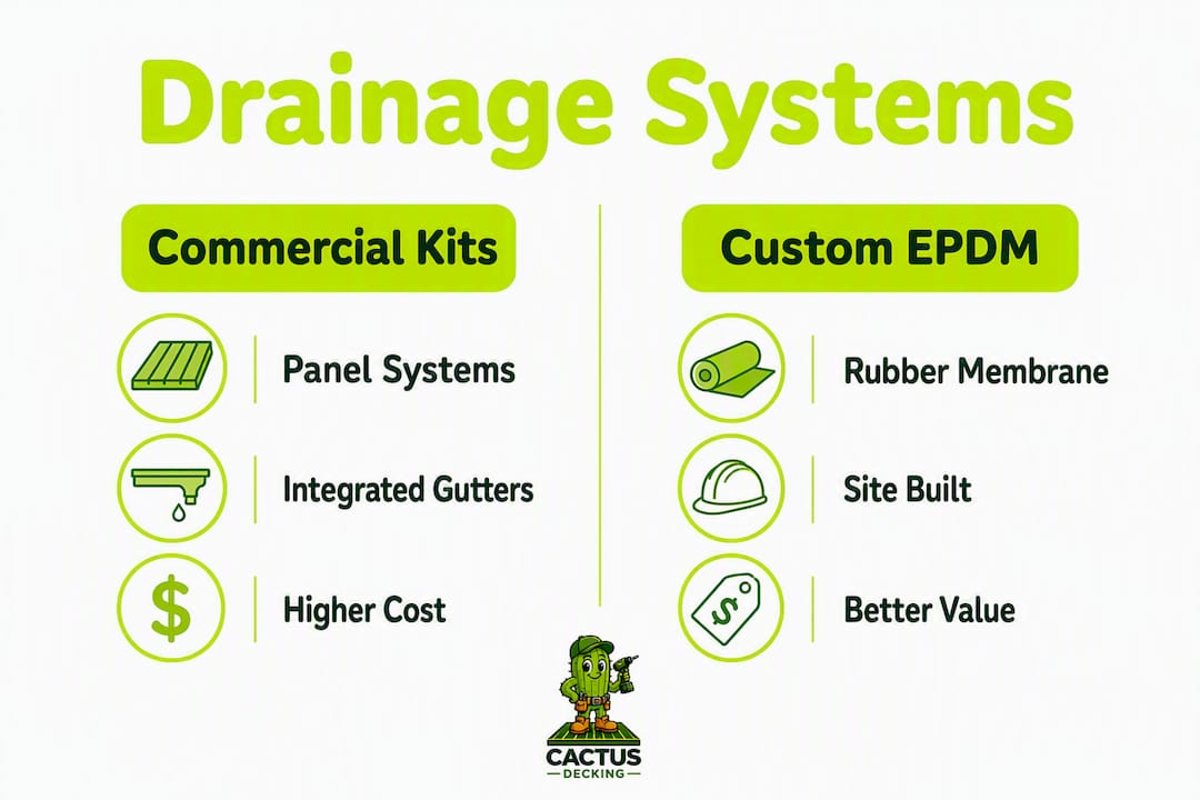 Infographic comparing commercial kits and custom EPDM drainage systems