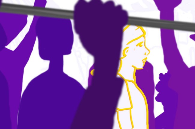 A stylized image of a woman’s profile in yellow, facing right, is superimposed on a background of purple silhouettes of raised arms. The woman’s hair is visible, and her shoulders and upper chest are outlined in yellow. The silhouettes are layered, with some appearing behind or partially obscured by the yellow figure. The image is rendered in a graphic or vector style, with solid colors and distinct outlines.