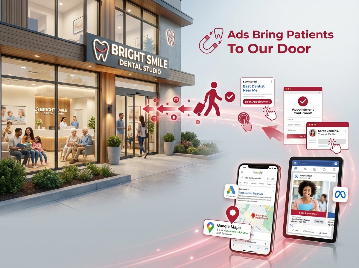 ROI dashboard for dental marketing showing KPIs like revenue, booked appointments, and conversion rate for 2026