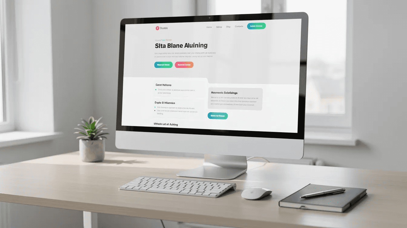 Imagen de un escritorio profesional que presenta una computadora con una pantalla que muestra un diseño web moderno y limpio, ideal para atraer clientes y mejorar la imagen de marca de un negocio. En el ambiente se percibe una atmósfera de profesionalismo, adecuada para el desarrollo de estrategias de marketing y contenido digital.