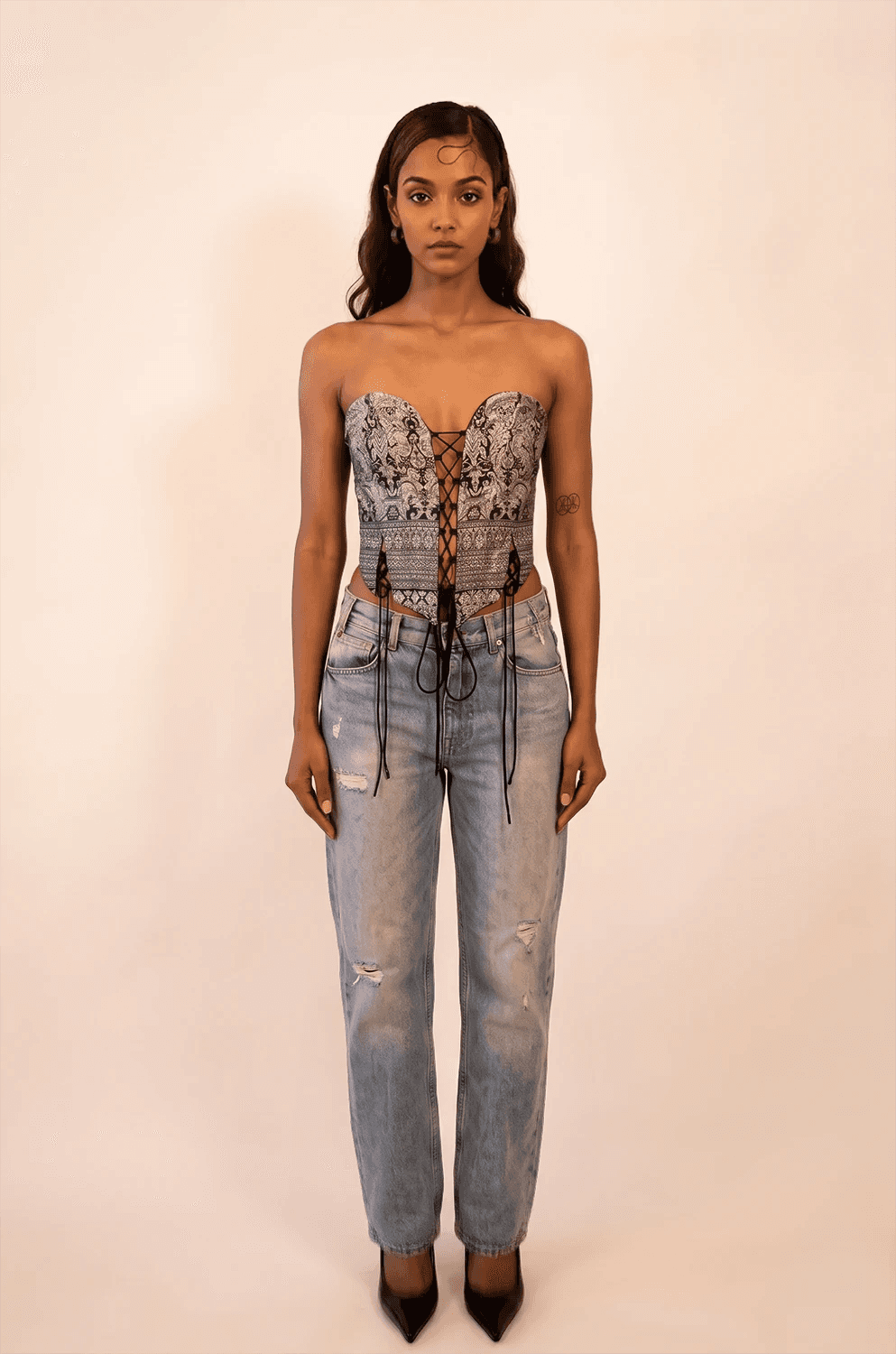 SWARA handcrafted corset made from vintage silk saree with sweetheart neckline, tapered waist, and adjustable back ties for structure and comfort.