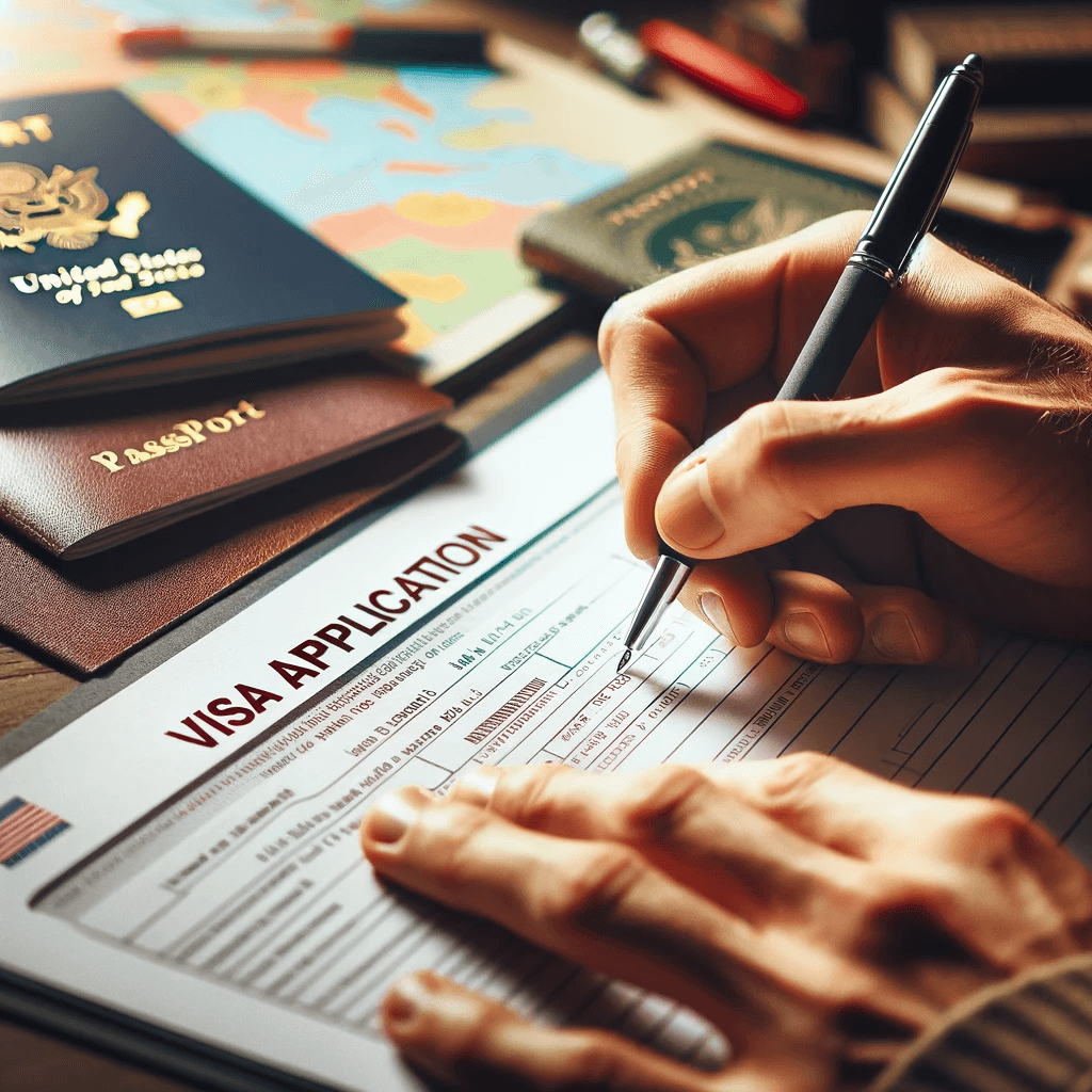 Close-up of hands filling out a visa application form, with a passport and a U.S. guidebook in the background, illustrating the visa application process.