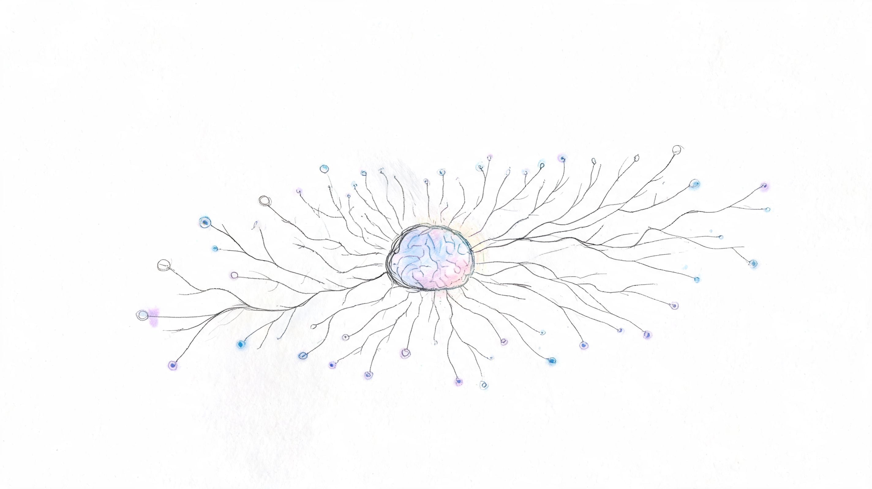 A central brain icon surrounded by interconnected branches and colorful nodes representing neural network connections.