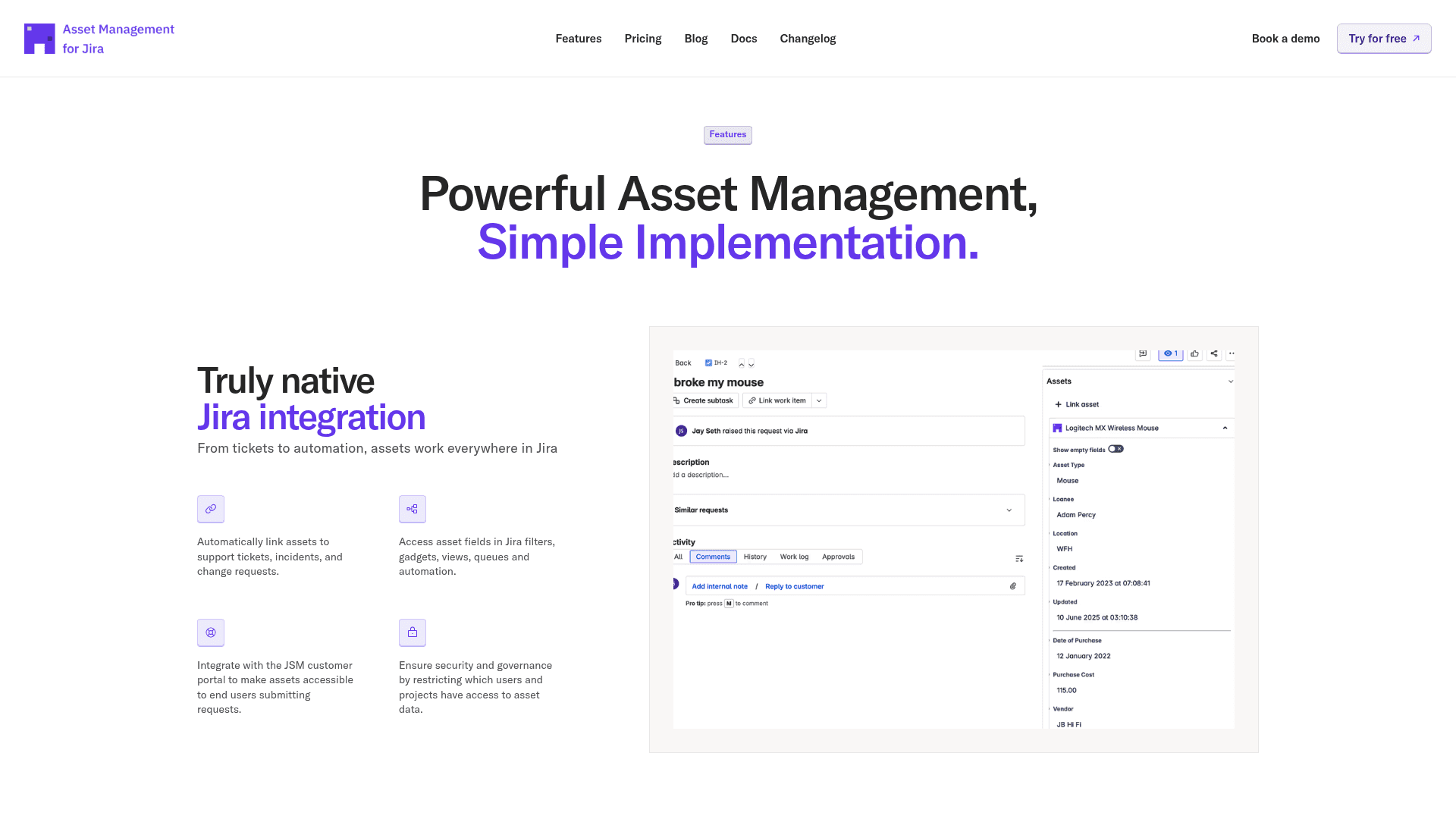 Asset Management for Jira features showing simplified implementation and MDM sync.