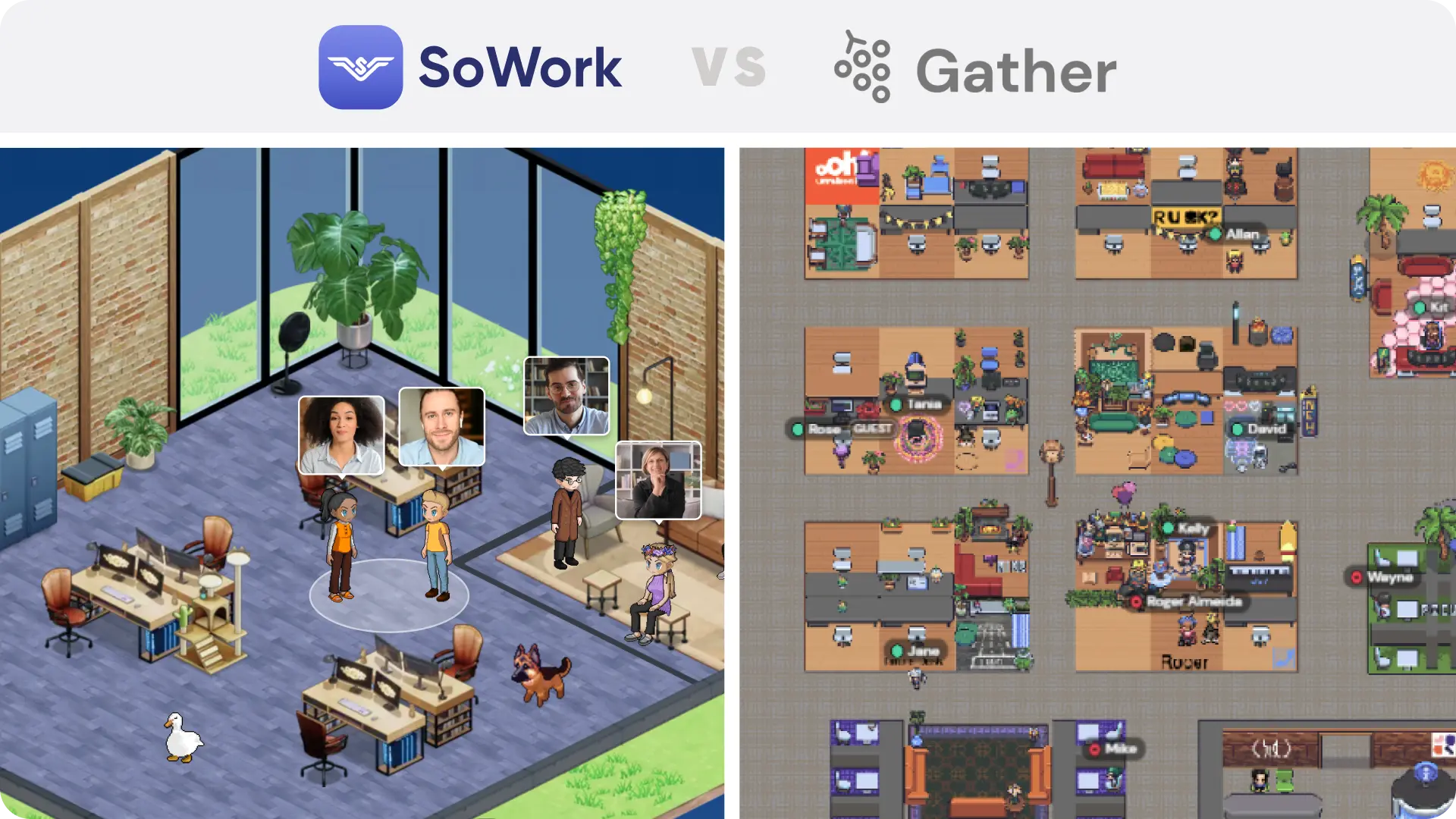 Side-by-side comparison of SoWork’s immersive 2.5D virtual office and Gather’s 2D grid-style workspace with team avatars.