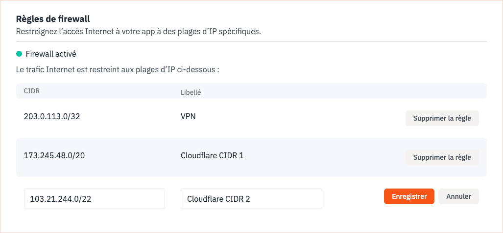 Capture d'écran de l'interface de paramètrage de l'application firewall