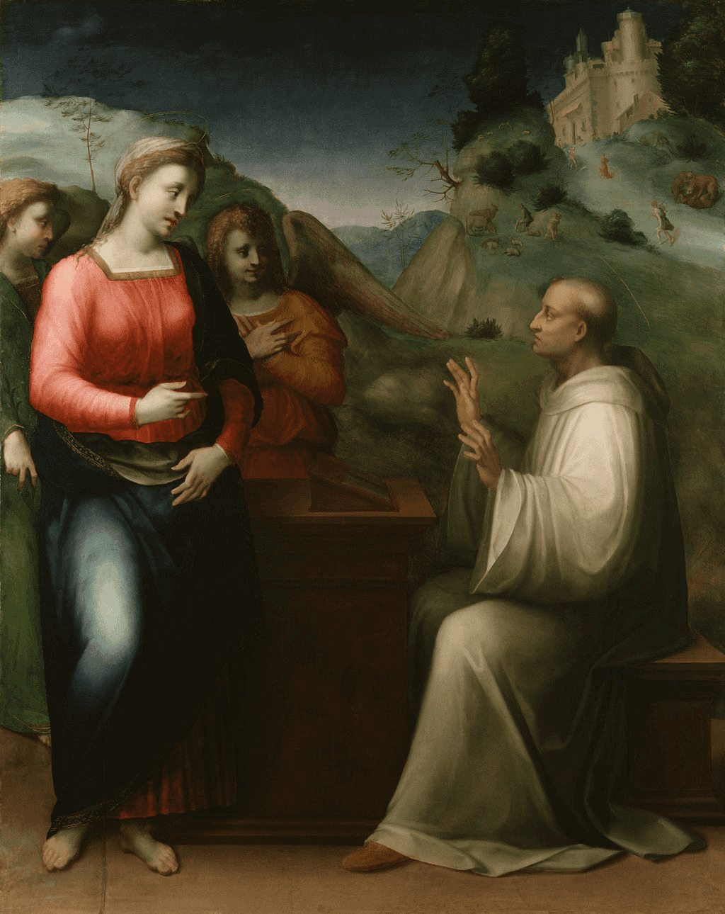 A woman in a red top stands beside a seated figure, set against a mountainous landscape.