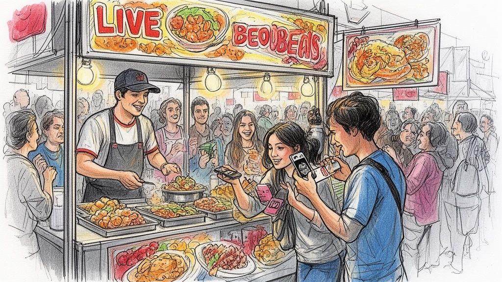 A young food vendor interacting with customers holding smartphones at a busy, sketch-style street food stall.