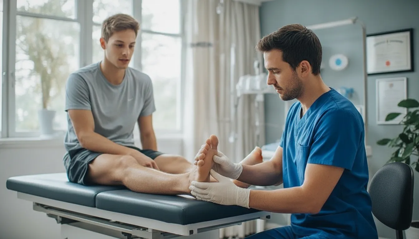 Clinician examining the outside of a patient's ankle for peroneal tendonitis