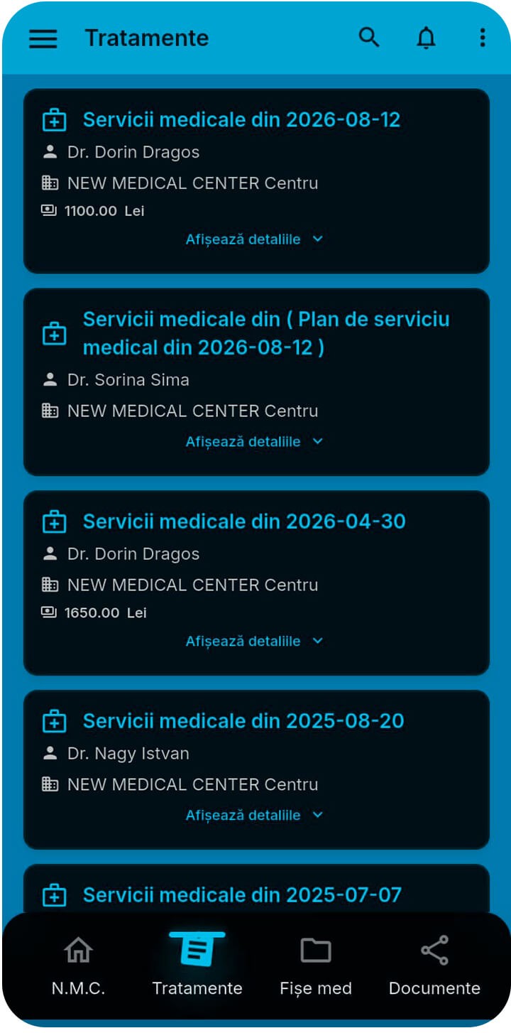 Captură de ecran din aplicația MyMed cu lista serviciilor medicale efectuate, afișând data, medicul curant și costul fiecărui tratament.