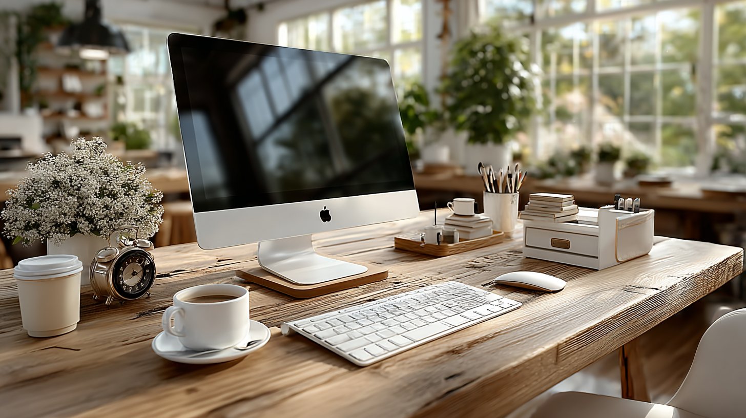 Bureau lumineux avec un ordinateur de bureau, une tasse de café, des fournitures et une horloge, représentant un espace professionnel pour la gestion des tarifs en ligne.