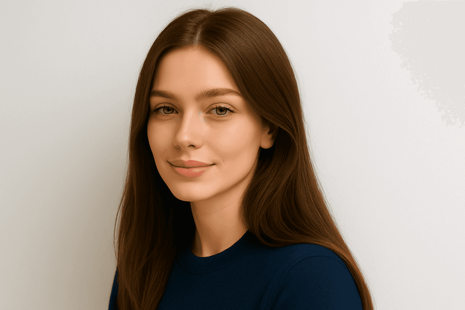 Rachel Carter, smiling young woman with long brown hair wearing a navy blue sweater, posing against a light neutral background, representing professionalism and calm confidence.