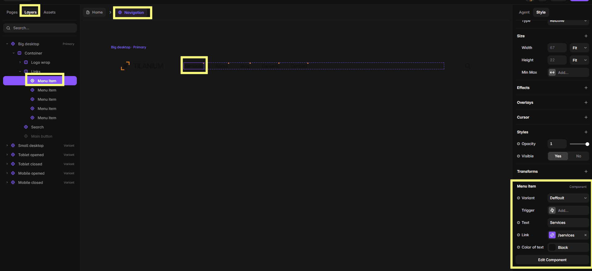 Editing navigation text and links in the Tilanium component