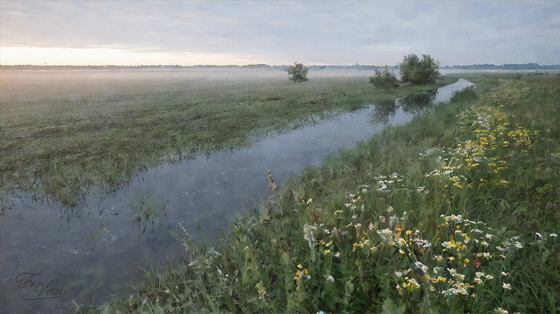 Sacred artwork by Faith and Verse. © Faith and Verse, 2026. All rights reserved. Ancient lowland canal with wildflowers near Gistel, recalling the water and healing traditions preserved in the cult of Saint Godelieve of Gistel.