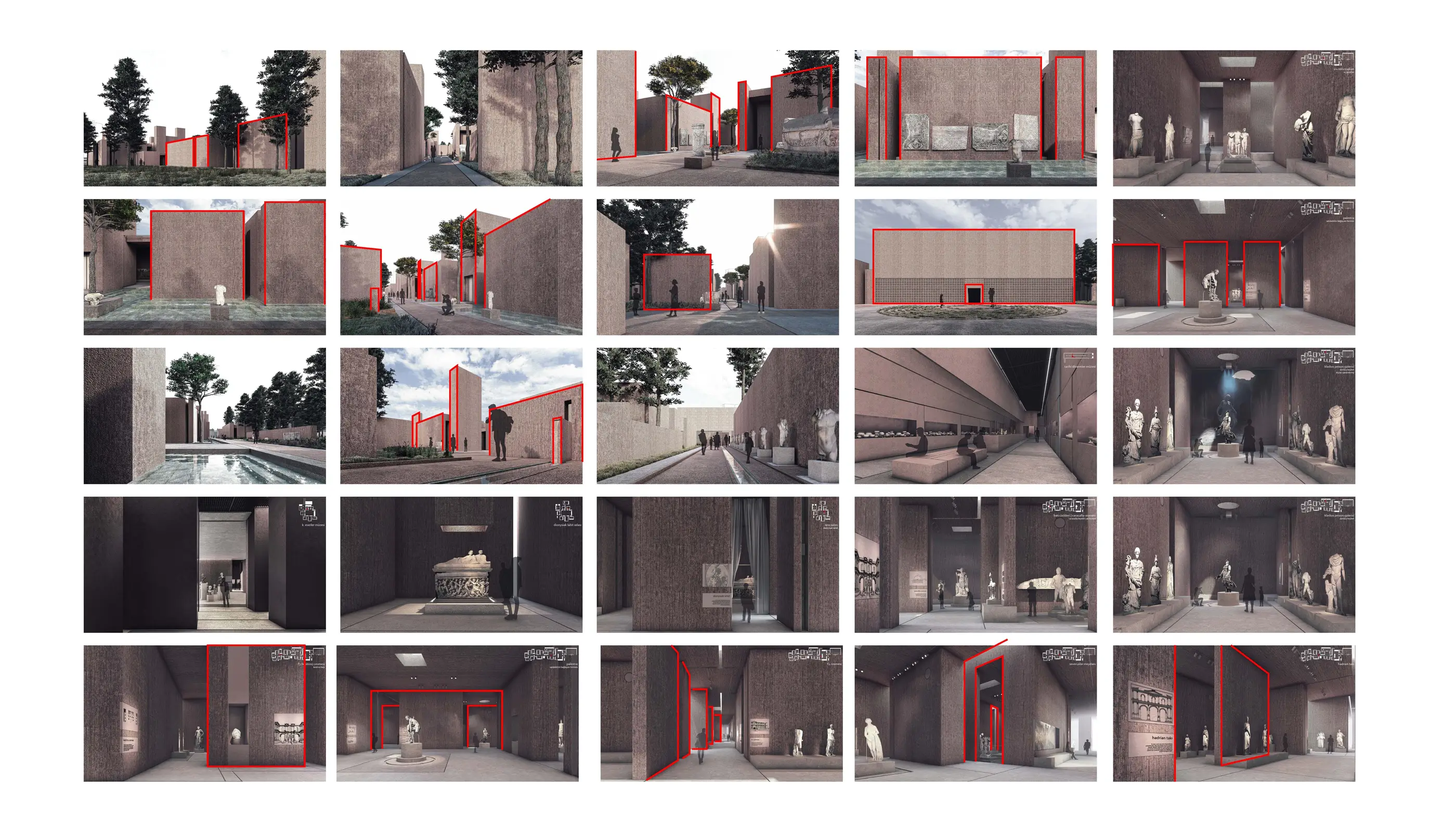 Board of perspective images showing the museum's outdoor spaces and interior galleries