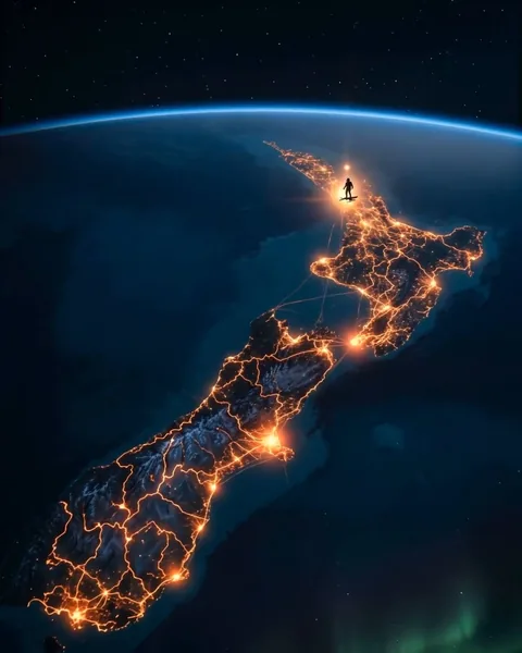 New Zealand seen from space, lit with orange lines