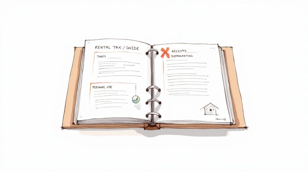 Open rental tax guide binder showing receipts, depreciation tracking, and personal use documentation sections