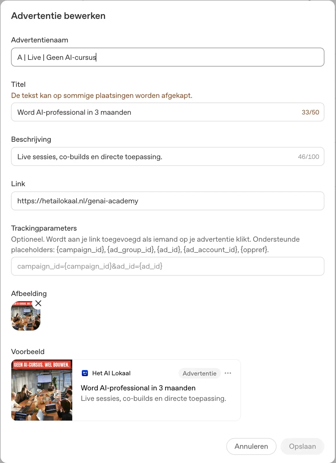 Scherm Advertentie bewerken in de OpenAI Ads Manager voor onze advertentie A, met de titel van 33 tekens en de waarschuwing dat de tekst kan worden afgekapt