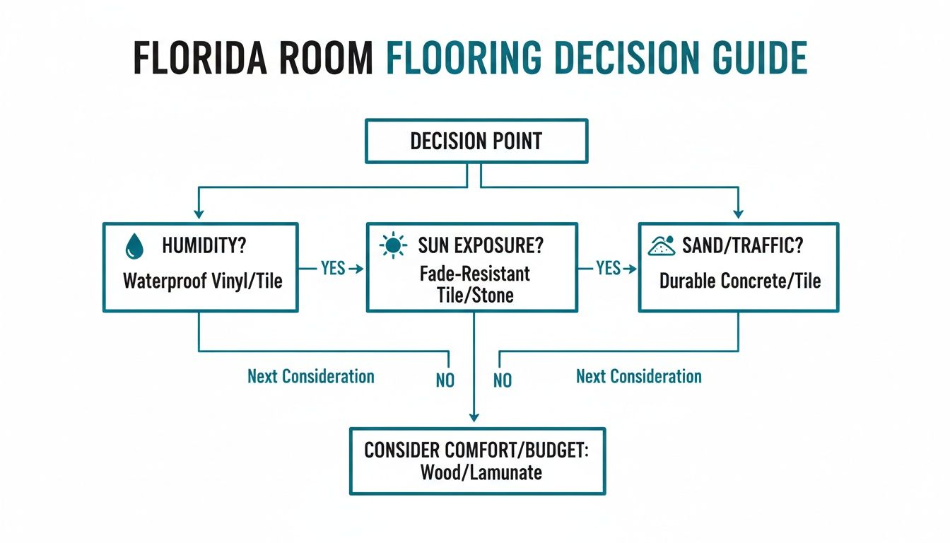 A flowchart guides flooring decisions for Florida rooms, considering humidity, sun, traffic, comfort, and budget.