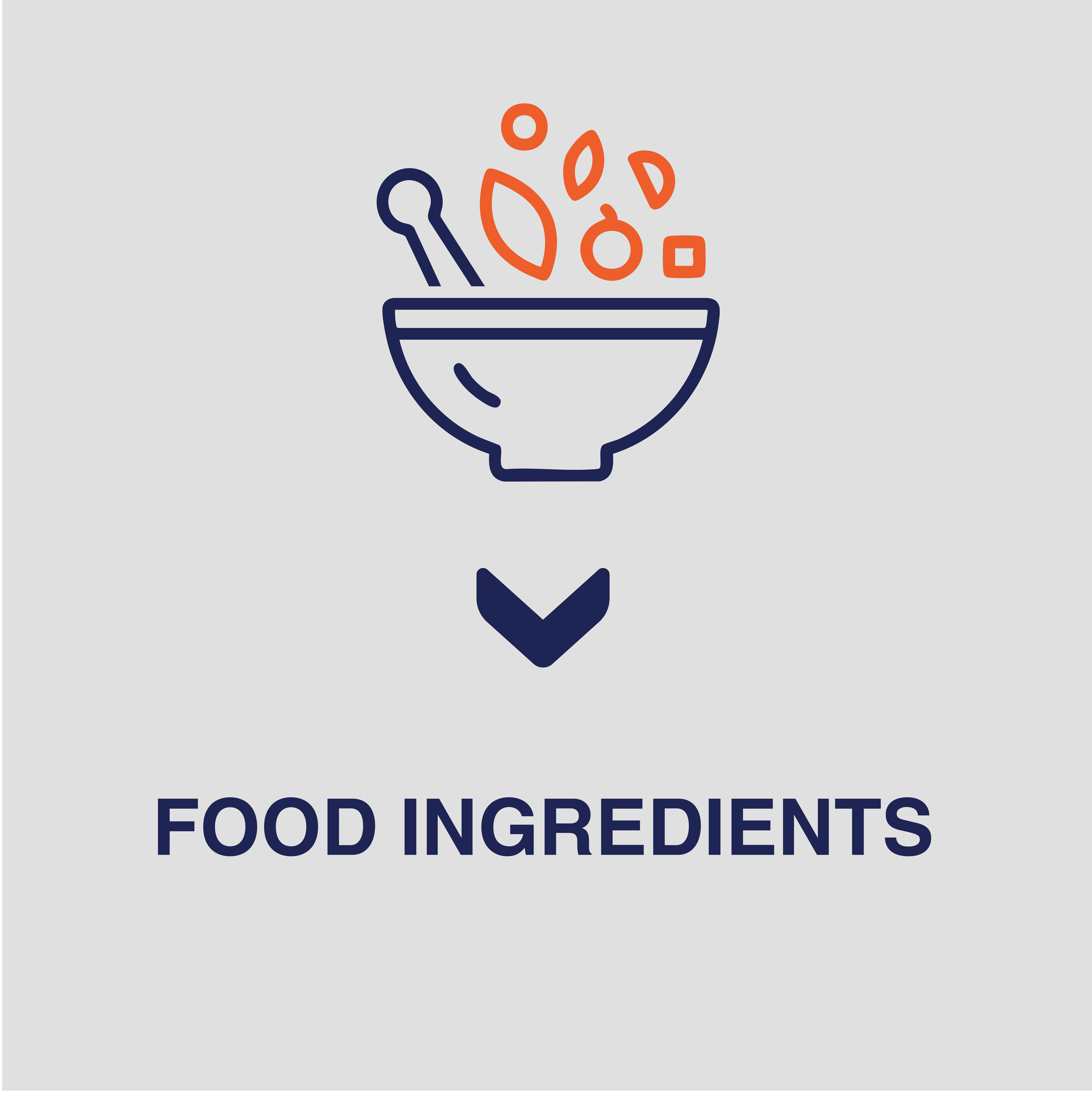 icon of a blue bowl with orange ingerdisnets being tossed in it on a white background with blur writing that says food ingredienets