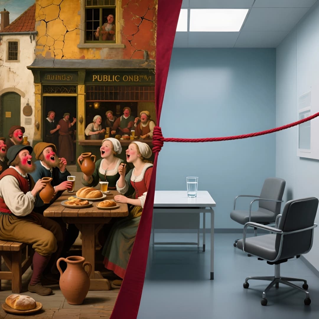 ein geteiltes bild auf der linken seite sind menschen die zusammen alkohol trinken, auf der rechten ist ein büro