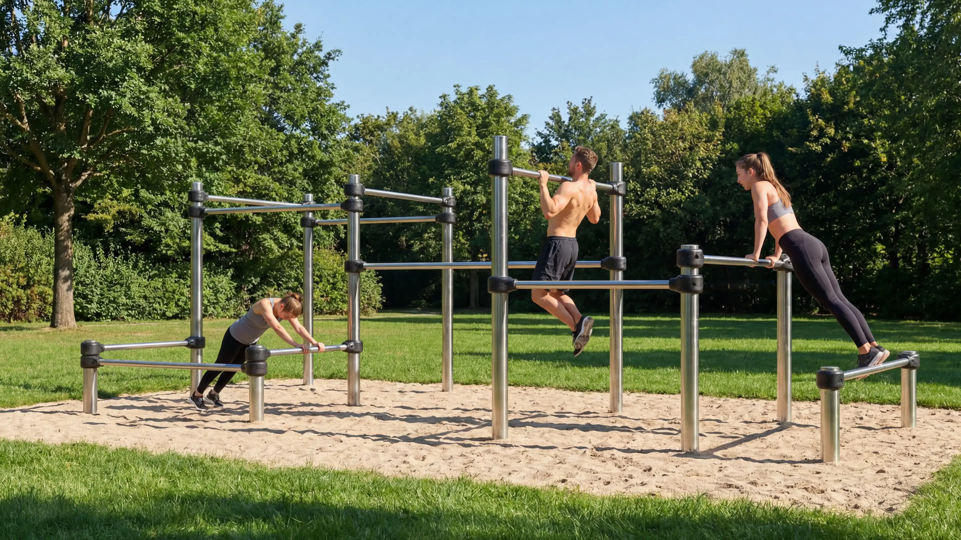 3D visualisatie van outdoor calisthenics park in groene parkomgeving