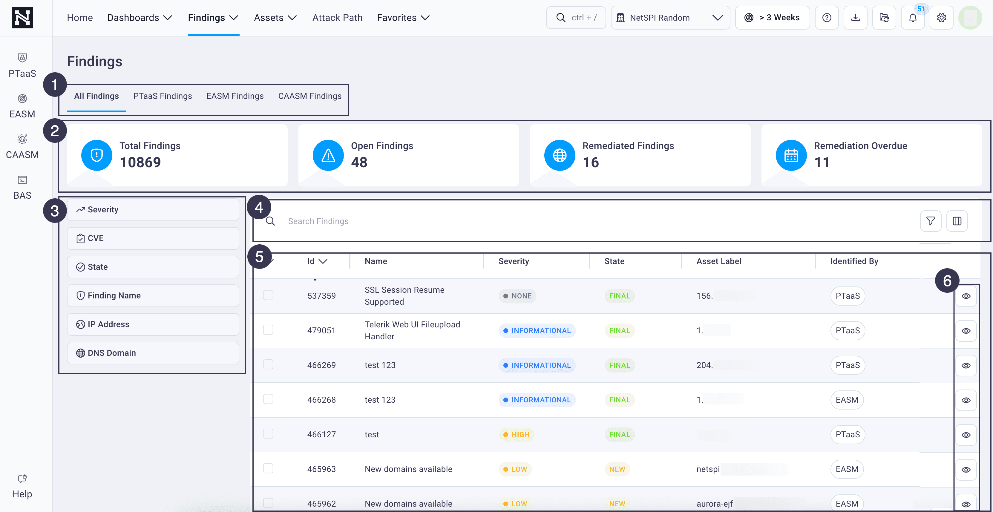 NetSPI Platform Findings page showing module tabs, remediation status cards, filters, and a findings table