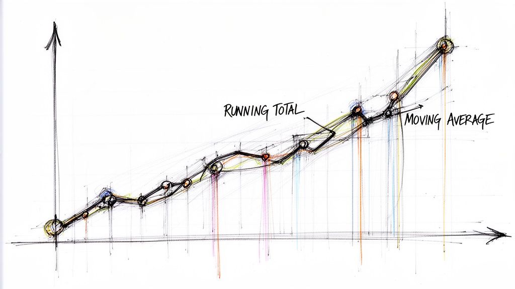 A hand-drawn sketch illustrating the difference between a running total and a moving average on a graph.