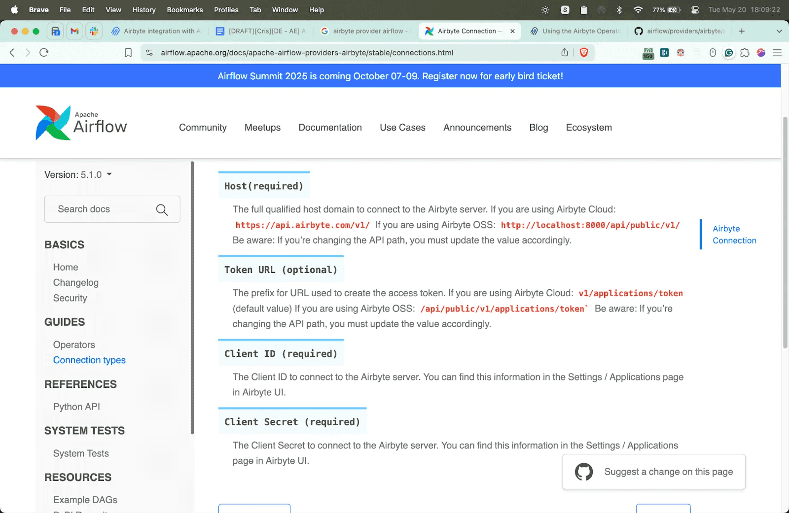 Screenshot of the Airflow documentation page describing the Airbyte connection parameters. It details fields such as "Host," "Token URL," "Client ID," and "Client Secret," showing required and optional configuration settings for integrating Airflow with Airbyte.