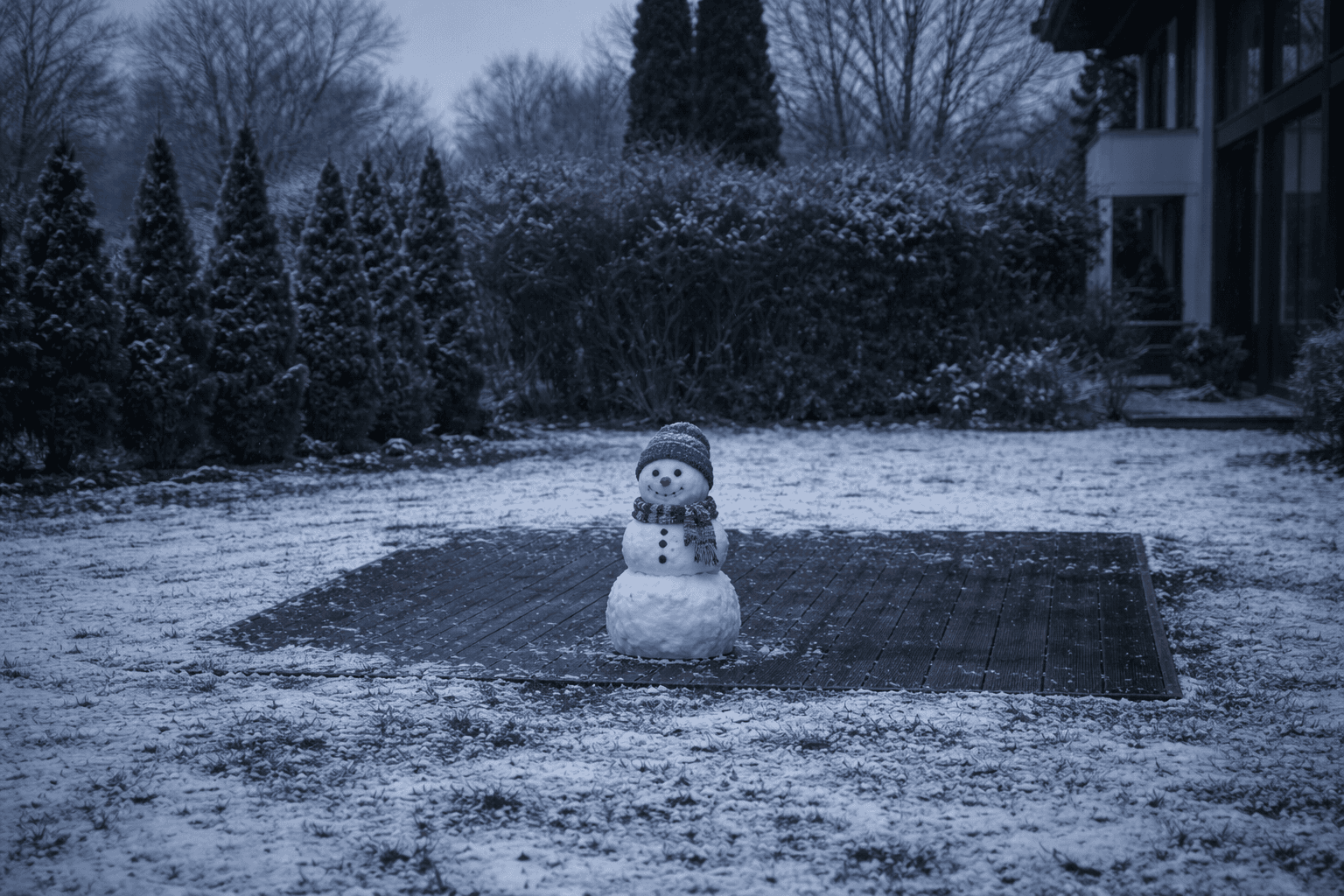 zimowy ogród bez kuchni ogrodowej, pusty taras ze śniegiem 