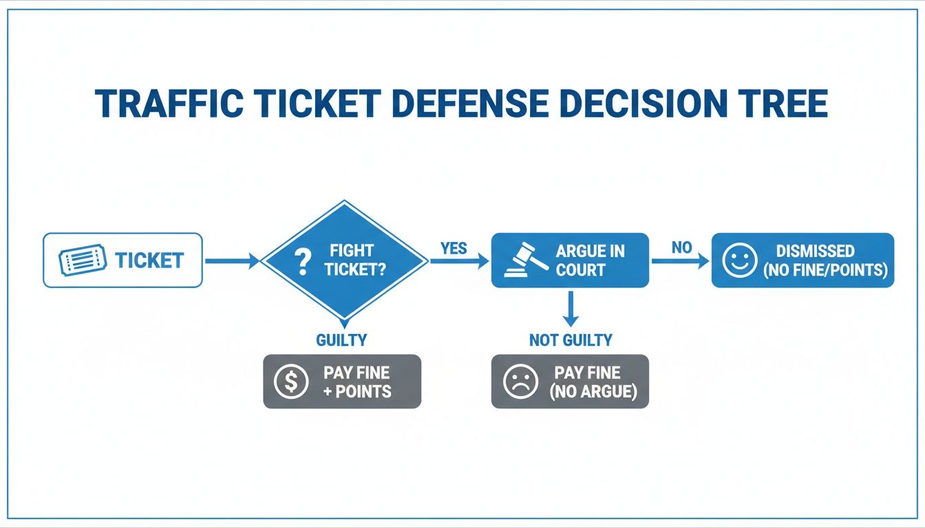 A traffic ticket defense decision tree flowchart, guiding through options to fight or pay a ticket.