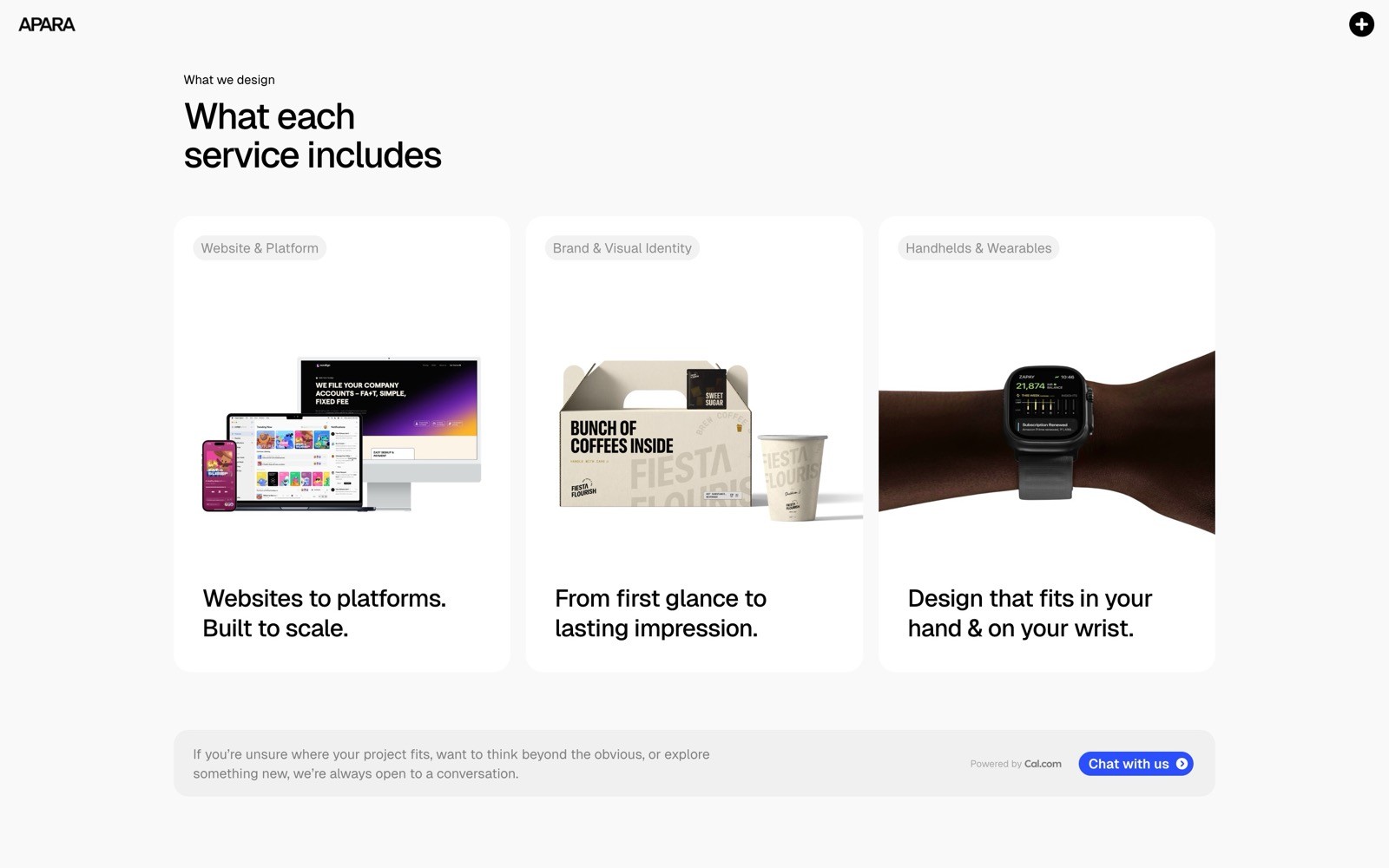 Web design service overview with three sections showing websites, brand identity items, and a smartwatch.
