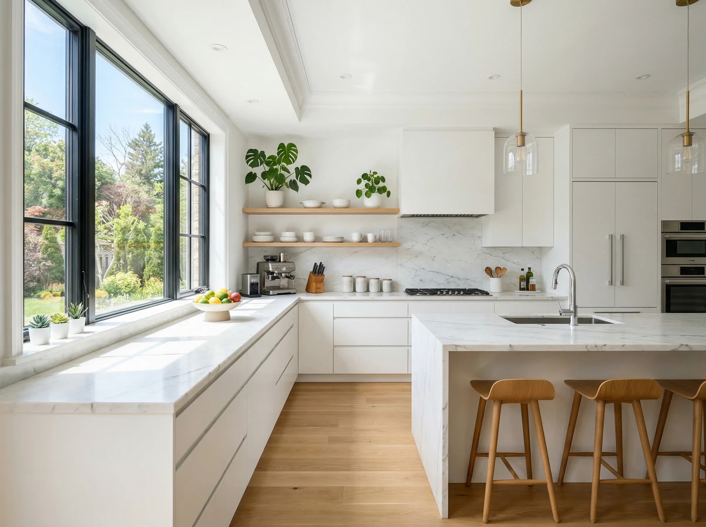 Modern kitchen with white cabinets, marble countertops, and large windows.