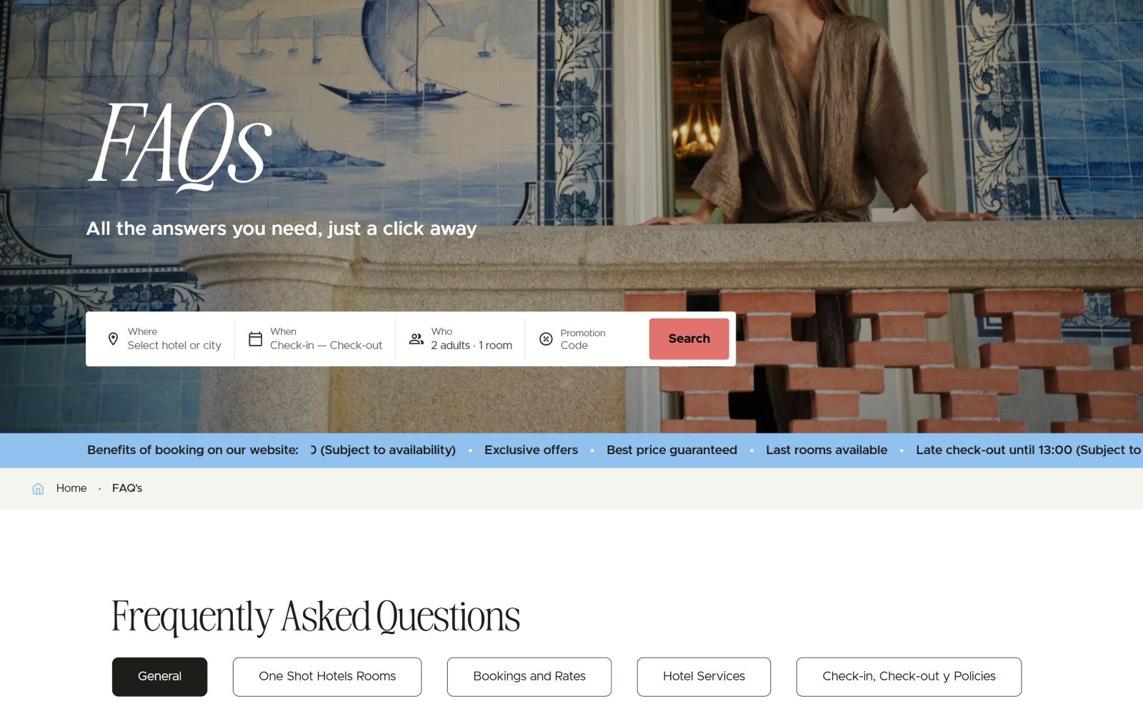 FAQ page with a search bar, scenic mural of a sailboat, and woman at a balcony. Text: "Frequently Asked Questions.