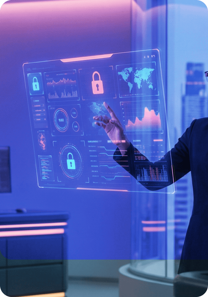 Healthcare cybersecurity concept showing a professional interacting with secure medical data dashboards and encryption visuals.