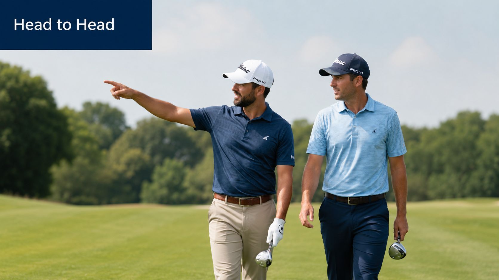 Two professional male golfers walking on a golf course while discussing the game strategy.