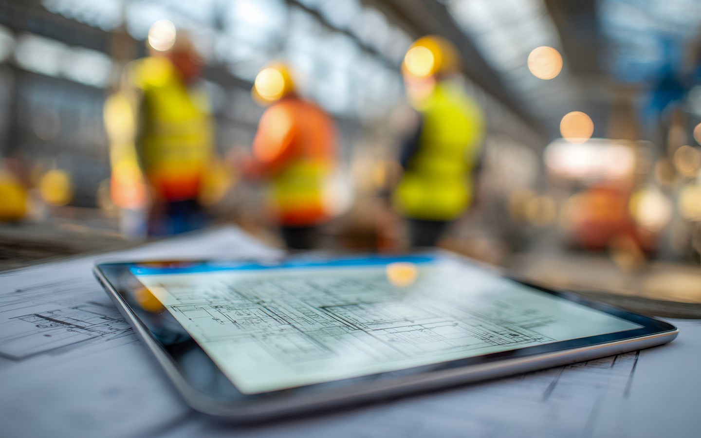 Um tablet em primeiro plano exibe uma planta técnica detalhada sobre uma mesa de projeto. Ao fundo, trabalhadores de capacete amarelo em um grande pavilhão industrial aparecem desfocados, ilustrando como a tecnologia de Captura da Realidade centraliza informações críticas para a gestão de grandes projetos diretamente no canteiro.