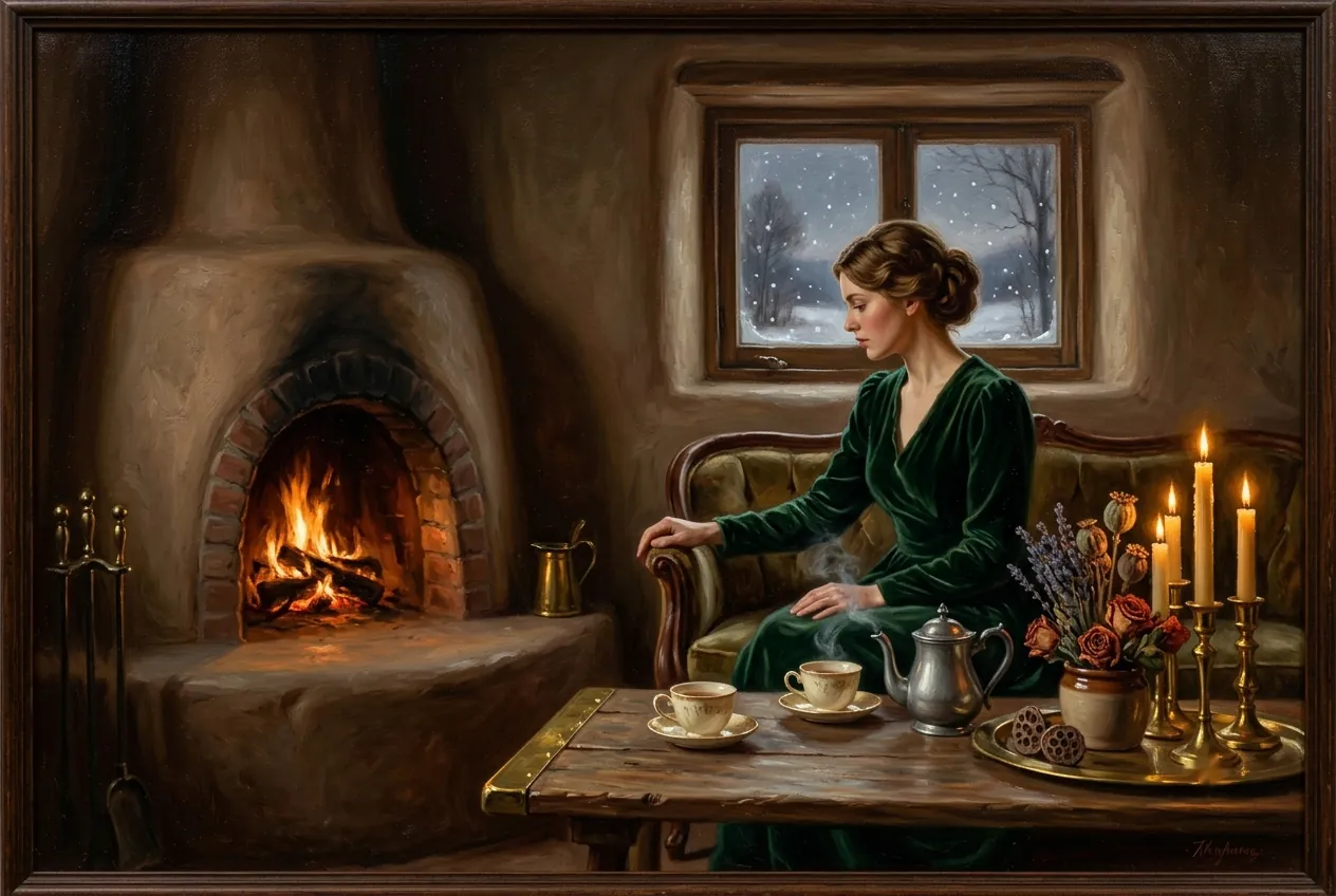 Tea and candles by an adobe fireplace with snow at the window