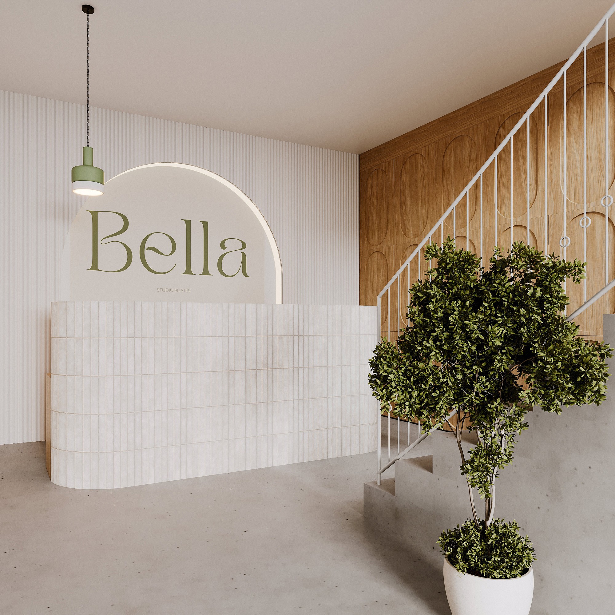 Modern reception area with a minimalist design, featuring a sign that reads "Bella," potted plant, and wooden accents.