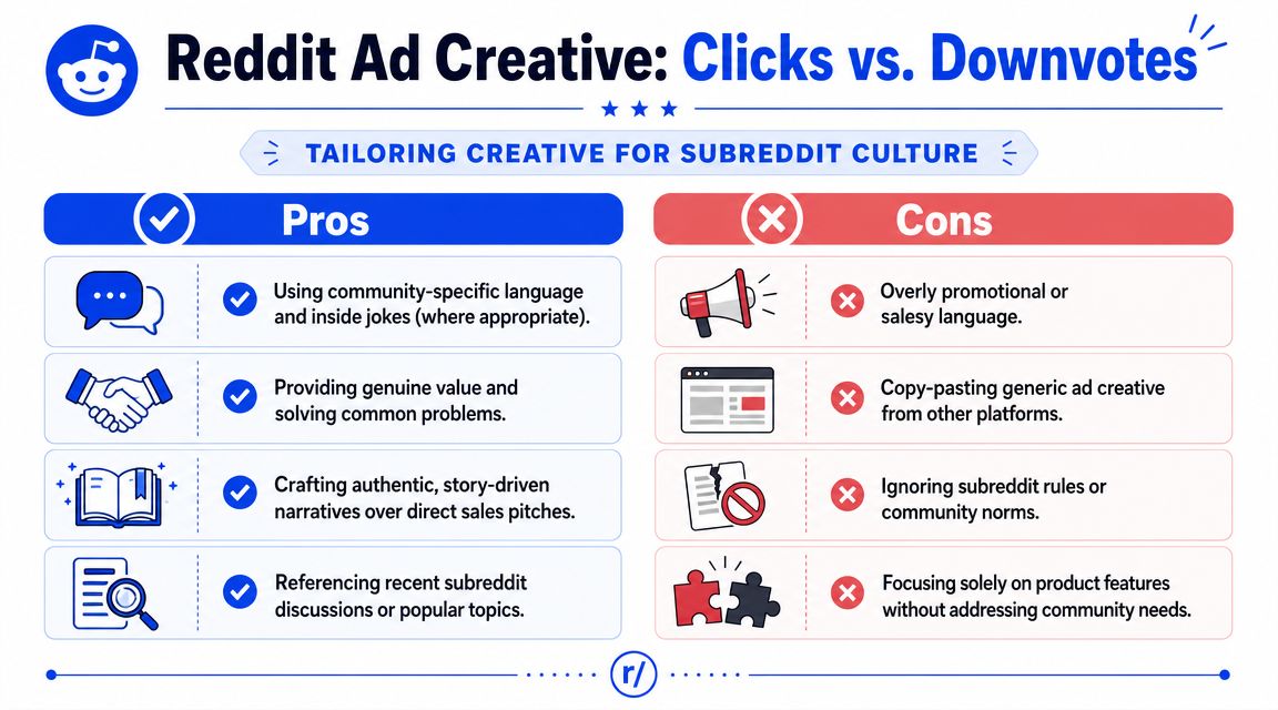 A guide comparing pros and cons of Reddit ad creative strategies for better engagement and fewer downvotes.