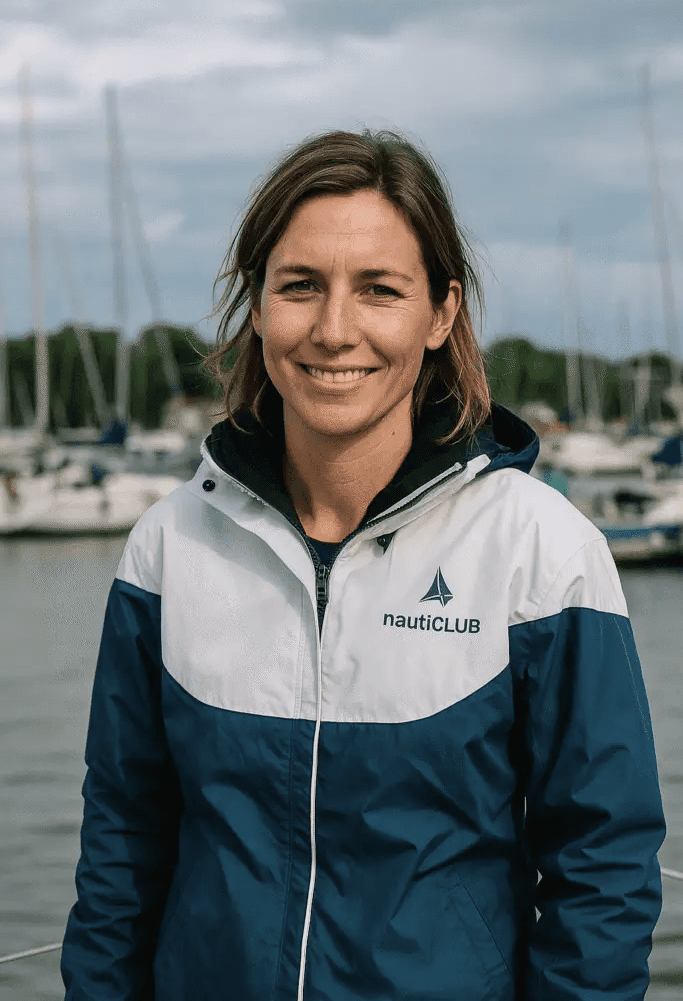 Skipperin Hanna in nautiCLUB-Jacke vor einem Yachthafen mit Segelbooten