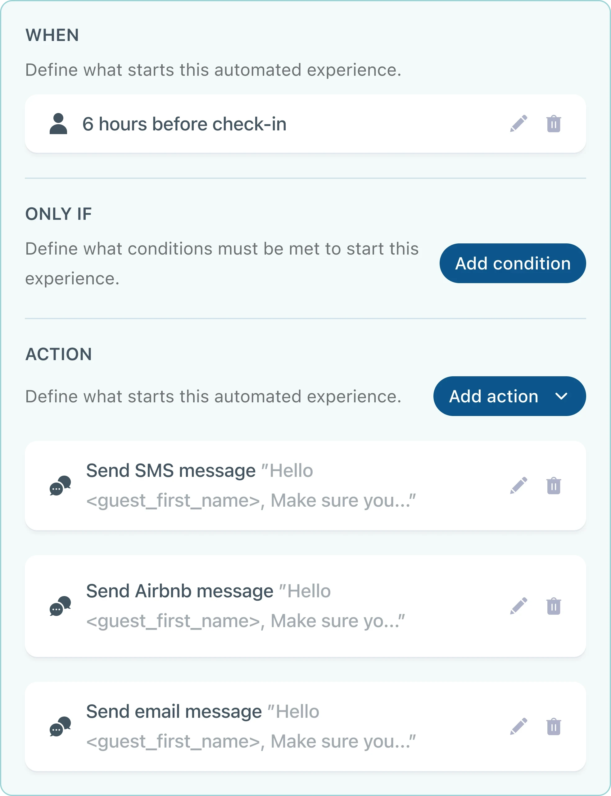 Condition editor example for before a guest checks-in