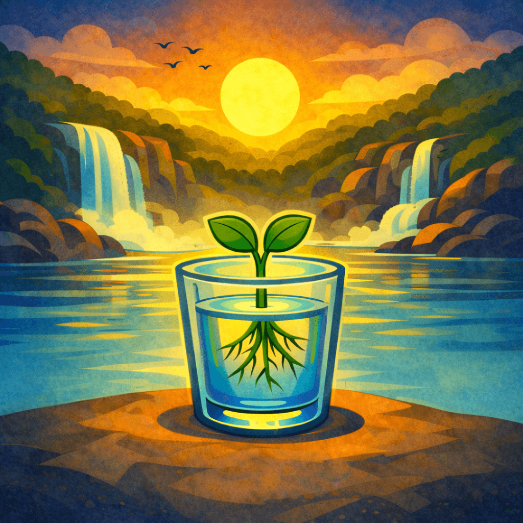 Small plant cutting in glass of water with background of lake and waterfalls