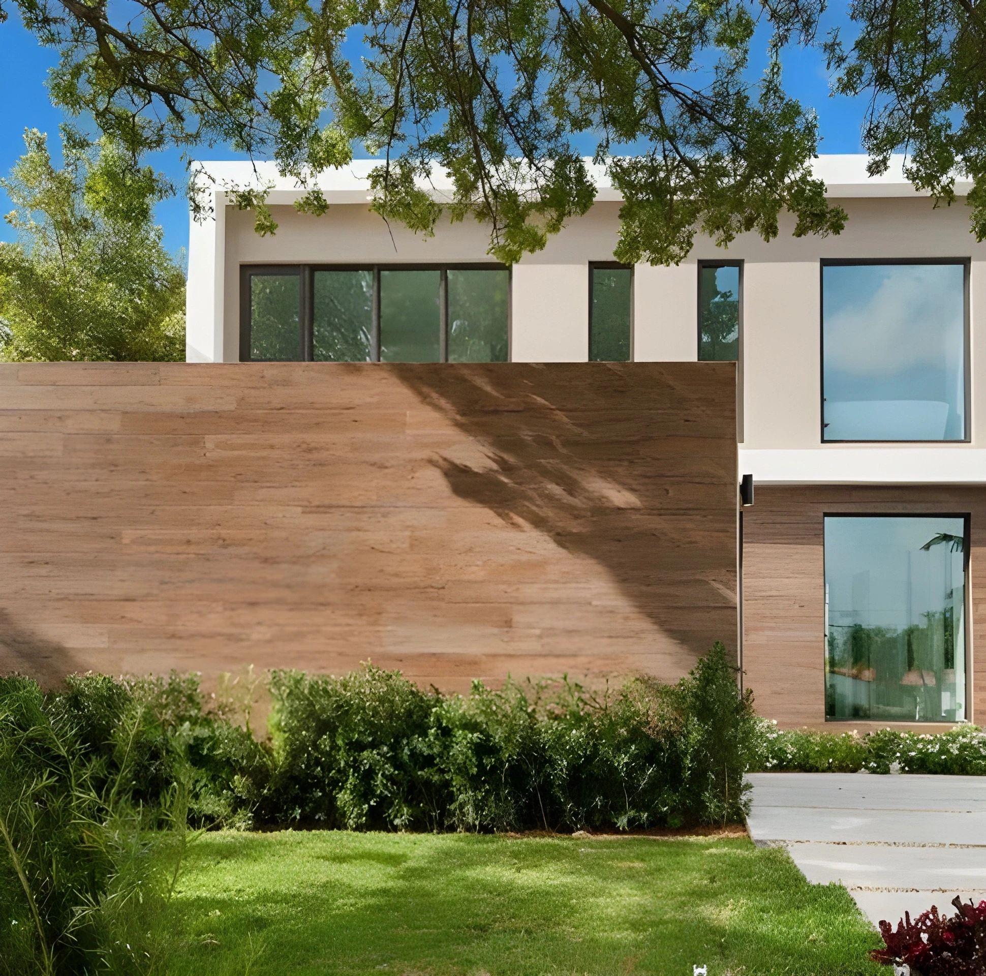 Modern Miami residence exterior with a wood-paneled wall, white stucco upper level, black-framed windows, manicured hedges, and a shaded lawn under a mature tree canopy.