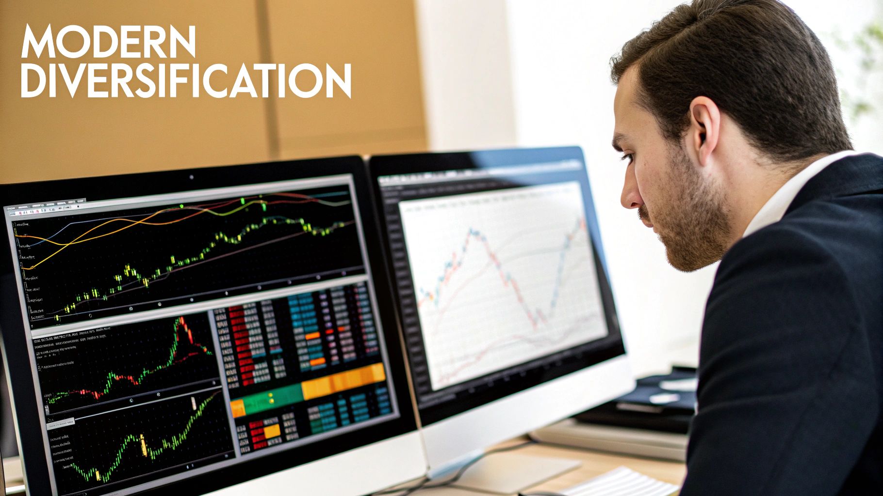 A modern investment portfolio chart showing diverse asset classes like stocks, bonds, and digital assets.
