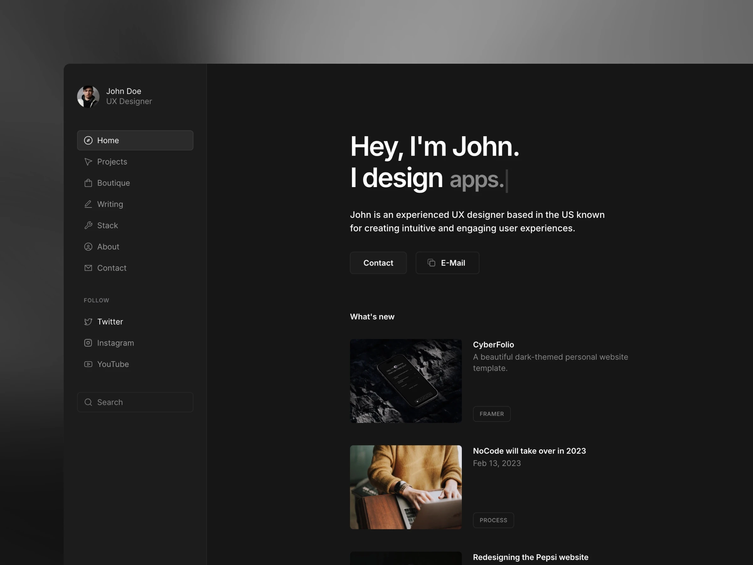 Dashfolio portfolio Framer template with modern personal website design