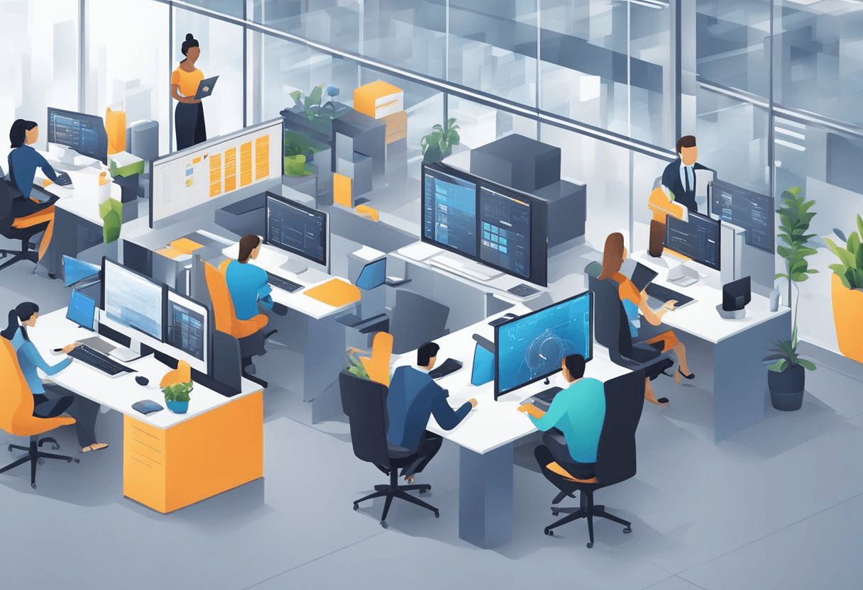 A modern office setting with computers, servers, and digital interfaces. People working collaboratively with HRIS technology. A seamless integration of digital and human resources management