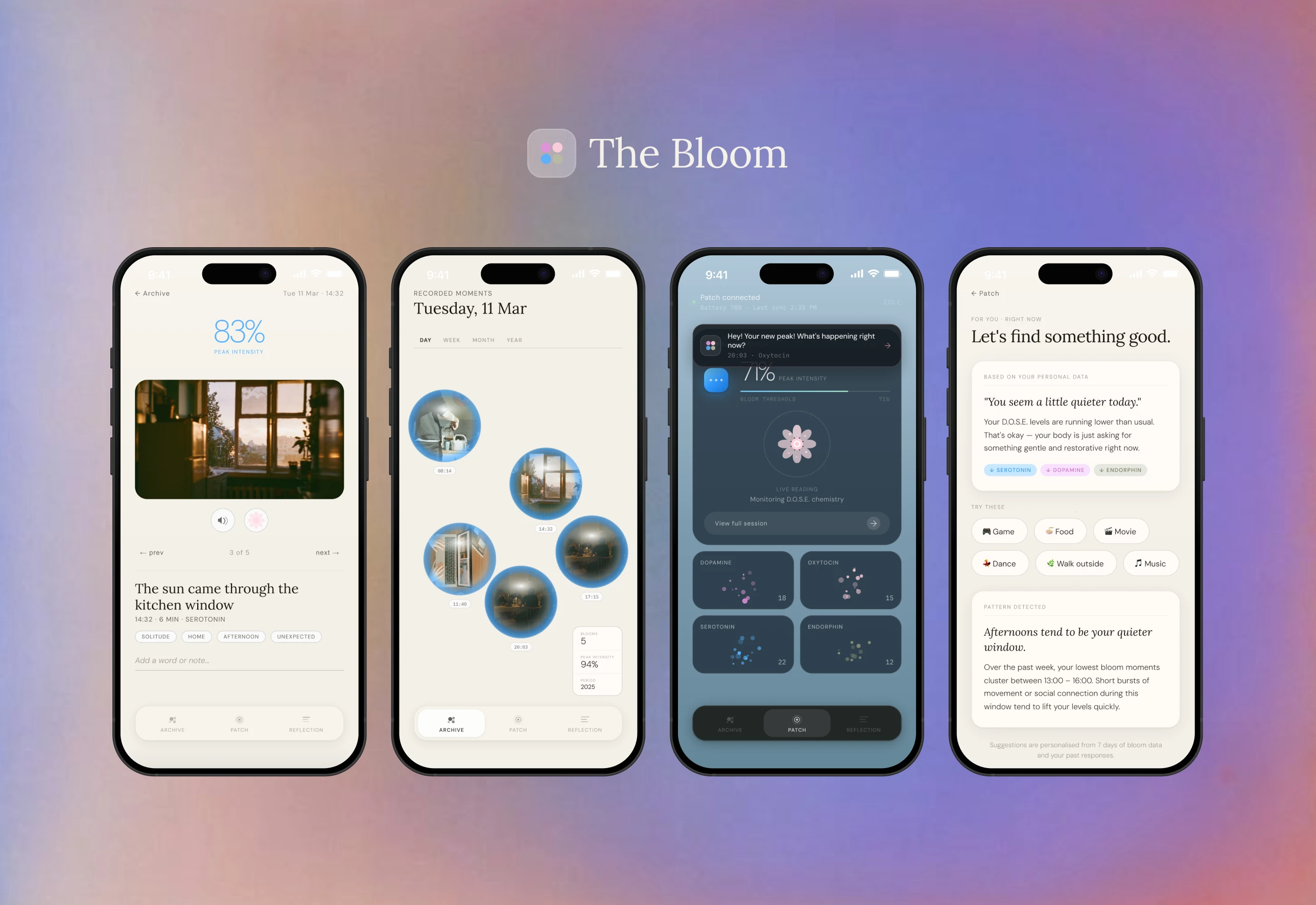 Hero image of The Bloom app — four screens showing a happiness memory archive, a recorded moments timeline, a live biosensor monitoring screen with D.O.S.E. chemicals visualization, and a recommendation screen based on previous data.